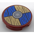 LEGO Reddish Brown Tile 2 x 2 Round with Viking Shield Blue / Tan Opposite and Wood Grain Sticker with Bottom Stud Holder (14769)