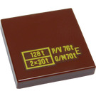 LEGO Reddish Brown Tile 2 x 2 with "128t 2x30t P/V 76t G/M 70t" with Groove (3068 / 73211)