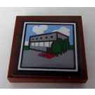 LEGO Reddish Brown Tile 2 x 2 with Building and Trees Sticker with Groove (3068)