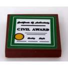 LEGO Reddish Brown Tile 2 x 2 with 'Certificate of Authenticity' and 'CIVIL AWARD' Sticker with Groove (3068)