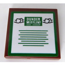 LEGO Reddish Brown Tile 2 x 2 with White 'DUNDER MIFFLIN !' and Black Lines Sticker with Groove (3068)
