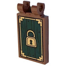 LEGO Reddish Brown Tile 2 x 3 with Horizontal Clips with gold lock on dark green wood pattern Sticker (Thick Open 'O' Clips) (30350)