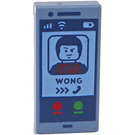 LEGO Sand Blue Tile 1 x 2 with "Wong" Calling on Mobile Phone with Groove (3069 / 104125)