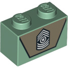 LEGO Sandgrün Backstein 1 x 2 mit Military Badge mit Unterrohr (3004 / 94775)