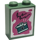 LEGO Sand Green Brick 1 x 2 x 2 with Dark Turquoise Camera on Dark Pink Background Sticker with Inside Stud Holder (3245)