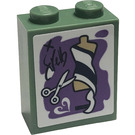 LEGO Sandgrün Backstein 1 x 2 x 2 mit Sewing Manequin und Scissors auf Purple Background Aufkleber mit Innenbolzenhalter (3245)