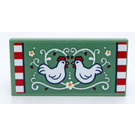LEGO Sand Green Tile 2 x 4 with Two Hens Facing Each Other Sticker (87079)