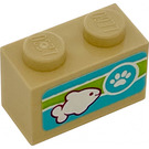 LEGO Zandbruin Steen 1 x 2 met Vis en Paw Print Emblem Sticker met buis aan de onderzijde (3004)