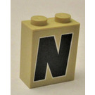 LEGO Zandbruin Steen 1 x 2 x 2 met "N" Sticker met Stud houder aan de binnenzijde (3245)