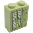 LEGO Zandbruin Steen 1 x 2 x 2 met Windows en Bricks (Rechtsaf) Sticker met Stud houder aan de binnenzijde (3245)