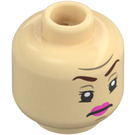 LEGO Beige Minihahmo Pää jossa Vaaleanpunainen Lips ja Murjottava (Upotettu kiinteä nuppi) (3274 / 104416)