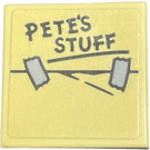 LEGO Beige Fliese 2 x 2 mit 'PETE'S STUFF' und Tape Aufkleber mit Nut (3068)