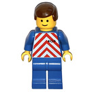 LEGO Train Worker with White and Red Safety Vest Pattern, Blue Legs, Brown Male Hair Minifigure