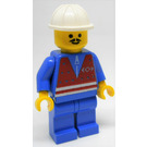 LEGO Train Yard Worker with Red Vest, Blue Shirt with Zipper, Blue Legs, Pointed Mustache, and Construction Helmet Minifigure