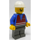 LEGO Train Yard Worker with Red Vest, Blue Shirt with Zipper, Dark Gray Legs, Pointed Mustache, and Construction Helmet Minifigure