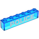 LEGO Transparent Dark Blue Brick 1 x 6 with White Bolded 'POLICE' Pattern without Bottom Tubes (3067)