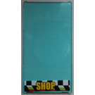 LEGO Transparant Lichtblauw Glas for Venster 1 x 4 x 6 met 'SHOP' Aan Checkered Background Sticker (6202)