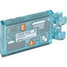 LEGO Transparentes Hellblau Fliese 2 x 3 mit Horizontal Clips mit Screen mit 'JARVIS' und Ultron Helm Aufkleber (Dick geöffnete O-Clips) (30350)