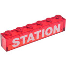 LEGO Transparent Red Brick 1 x 6 with White Bolded "STATION" without Bottom Tubes (3067)