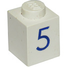 LEGO Weiß Backstein 1 x 1 mit Blau "5" (3005)