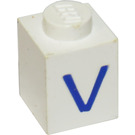 LEGO Weiß Stein 1 x 1 mit Blau "V" (3005)