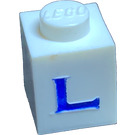 LEGO White Brick 1 x 1 with Serif Blue "L" (3005)