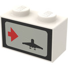 LEGO blanc Brique 1 x 2 avec Airplane, rouge La Flèche, Dark Background (La gauche) Autocollant avec tube inférieur (3004 / 93792)