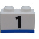LEGO White Brick 1 x 2 with Black '1' and Blue Line with Bottom Tube (3004)