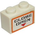 LEGO Weiß Backstein 1 x 2 mit Schwarz 'CLOSE', 'OPEN' und rot Triangle Aufkleber mit Unterrohr (3004)