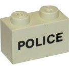 LEGO Wit Steen 1 x 2 met Zwart "Politie" Sans-Serif met buis aan de onderzijde (3004)