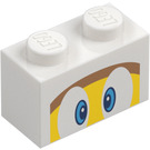 LEGO White Brick 1 x 2 with Boomerang Face with Blue Eyes with Bottom Tube (3004 / 94319)