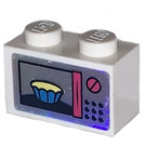 LEGO White Brick 1 x 2 with Cupcake in microwave Sticker with Bottom Tube (3004)