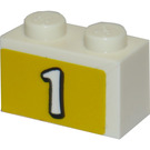 LEGO Weiß Backstein 1 x 2 mit Number '1' Aufkleber mit Unterrohr (3004)