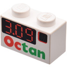 LEGO White Brick 1 x 2 with 'Octan' & '3.09' with Bottom Tube (3004 / 82316)