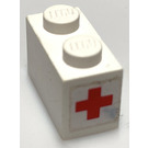 LEGO White Brick 1 x 2 with Red Cross Stickers from Set 606-1 with Bottom Tube (3004)