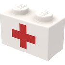 LEGO Weiß Backstein 1 x 2 mit rot Kreuz mit Unterrohr (3004)