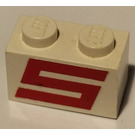 LEGO White Brick 1 x 2 with Red "S" with Bottom Tube (3004)