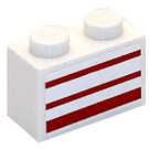 LEGO White Brick 1 x 2 with Red Stripes on both sides Sticker with Bottom Tube (3004)