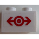 LEGO White Brick 1 x 2 with Red Train Logo (Medium Size) Sticker with Bottom Tube (3004)
