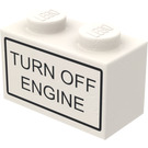 LEGO White Brick 1 x 2 with "TURN OFF ENGINE" Stickers from Set 6375-2 with Bottom Tube (3004)