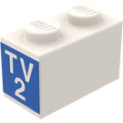 LEGO White Brick 1 x 2 with "TV 2" Stickers from Set 664-1 with Bottom Tube (3004)