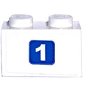 LEGO White Brick 1 x 2 with White '1' on Blue Square Sticker with Bottom Tube (3004)