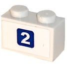 LEGO White Brick 1 x 2 with White '2' on Blue Square Sticker with Bottom Tube (3004)