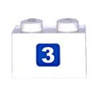 LEGO White Brick 1 x 2 with White '3' on Blue Square Sticker with Bottom Tube (3004)