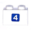 LEGO blanc Brique 1 x 2 avec blanc '4' sur Bleu Carré Autocollant avec tube inférieur (3004)