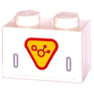LEGO White Brick 1 x 2 with Yellow Triangle in Red Frame with Red Symbol Sticker with Bottom Tube (3004)