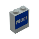 LEGO White Brick 1 x 2 x 2 with White 'POLICE' on Blue Background Sticker with Inside Stud Holder