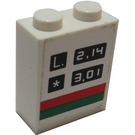 LEGO White Brick 1 x 2 x 2 with 'L. 2.14' and '* 3.01', Green and Red Stripe Sticker with Inside Axle Holder (3245)