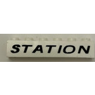 LEGO White Brick 1 x 6 with "STATION" (Black, Italic) without Bottom Tubes, with Cross Supports