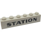 LEGO White Brick 1 x 6 with "STATION" without Bottom Tubes, with Cross Supports